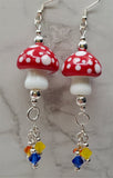Lampwork Style Red Cap with White Spots Mushroom Glass Bead Earrings with Swarovski Crystal Dangles