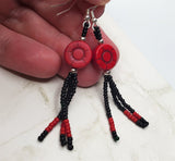 Red Dyed Magnesite Round Rose Bead Earrings with Black and Red Seed Bead Dangles