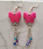 Pink Dyed Magnesite Butterfly Bead Earrings with Swarovski Crystal Dangles