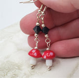 Lampwork Style Red Cap with White Spots Mushroom Glass Bead Earrings with Black Swarovski Crystals