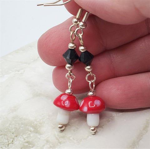 Lampwork Style Red Cap with White Spots Mushroom Glass Bead Earrings with Black Swarovski Crystals