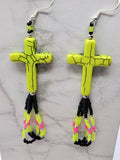 Neon Yellow Dyed Magnesite Cross Bead Earrings with Seed Bead Dangles