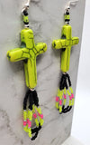 Neon Yellow Dyed Magnesite Cross Bead Earrings with Seed Bead Dangles