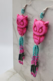Pink Dyed Magnesite Large Owl Bead Earrings with Seed Bead Dangles