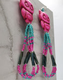 Pink Dyed Magnesite Large Owl Bead Earrings with Seed Bead Dangles