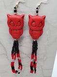 Red Dyed Magnesite Large Owl Bead Earrings with Seed Bead Dangles
