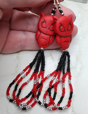 Red Dyed Magnesite Large Owl Bead Earrings with Seed Bead Dangles