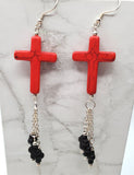 Red Dyed Magnesite Cross Bead Earrings with Black Dyed Magnesite Cross Dangles