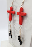 Red Dyed Magnesite Cross Bead Earrings with Black Dyed Magnesite Cross Dangles