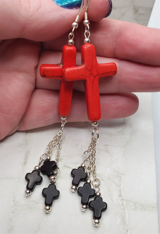 Red Dyed Magnesite Cross Bead Earrings with Black Dyed Magnesite Cross Dangles