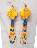 Orange Dyed Magnesite Plus Sign Bead Earrings with Blue, Yellow and Orange Seed Bead Dangles