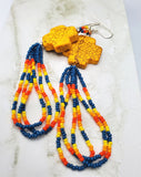 Orange Dyed Magnesite Plus Sign Bead Earrings with Blue, Yellow and Orange Seed Bead Dangles