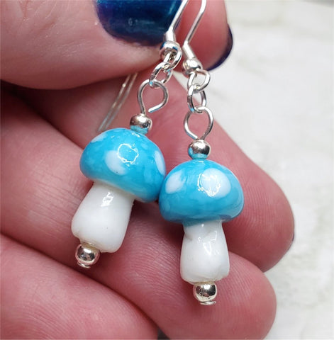 Lampwork Style Light Blue Cap Mushroom Glass Bead Earrings