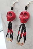 Red Dyed Magnesite Skull Earrings with Red, Black and Metallic Seed Bead Dangles