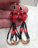 Red Dyed Magnesite Skull Earrings with Red, Black and Metallic Seed Bead Dangles