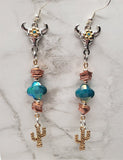 Cow Skull and Cactus Charm Mixed Metal Drop Earrings