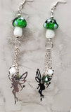 Lampwork Style Green Cap with White Spots Mushroom Glass Bead Earrings with Fairy Charm and Swarovski Crystal Dangles