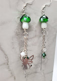 Lampwork Style Green Cap with White Spots Mushroom Glass Bead Earrings with Fairy Charm and Swarovski Crystal Dangles