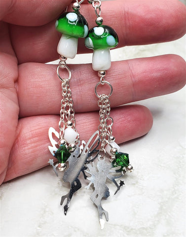 Lampwork Style Green Cap with White Spots Mushroom Glass Bead Earrings with Fairy Charm and Swarovski Crystal Dangles