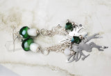 Lampwork Style Green Cap with White Spots Mushroom Glass Bead Earrings with Fairy Charm and Swarovski Crystal Dangles