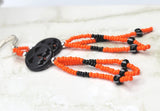Black Dyed Magnesite Jack o' Lantern Bead Earrings with Black and Orange Seed Bead Dangles
