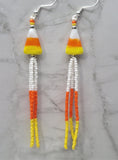 Candy Corn Lampwork Style Glass Bead Earrings with White, Orange and Yellow Seed Bead Dangles