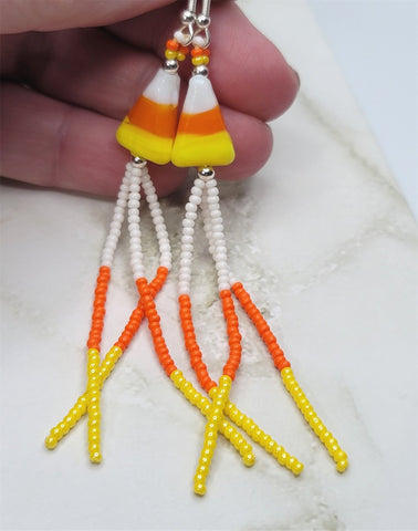Candy Corn Lampwork Style Glass Bead Earrings with White, Orange and Yellow Seed Bead Dangles