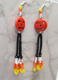 Orange Dyed Magnesite Jack o' Lantern Bead Earrings with Seed Bead Candy Corn Style Dangles