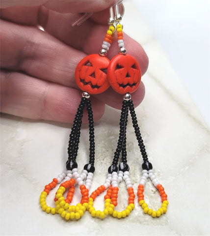 Orange Dyed Magnesite Jack o' Lantern Bead Earrings with Seed Bead Candy Corn Style Dangles