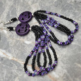Purple Dyed Magnesite Jack o' Lantern Bead Earrings with Purple and Black Seed Bead Loop Dangles