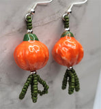 Orange Pumpkin Porcelain Bead Earrings with Matte Green Seed Bead Dangles