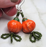 Orange Pumpkin Porcelain Bead Earrings with Matte Green Seed Bead Dangles