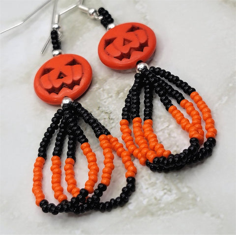 Orange Dyed Magnesite Jack o' Lantern Bead Earrings with Black and Orange Seed Bead Loop Dangles