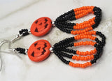 Orange Dyed Magnesite Jack o' Lantern Bead Earrings with Black and Orange Seed Bead Loop Dangles