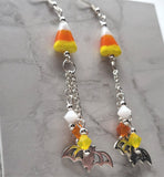 Candy Corn Lampwork Style Glass Bead Earrings with Bat Charm and Swarovski Crystal Dangles