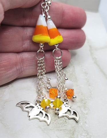 Candy Corn Lampwork Style Glass Bead Earrings with Bat Charm and Swarovski Crystal Dangles
