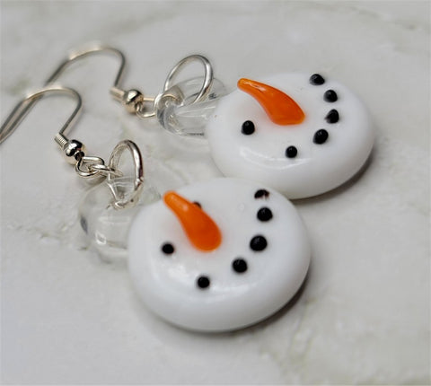 Snowman Head White Lampwork Style Glass Bead Earrings
