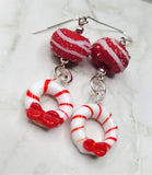 Red and White Lampwork Style Bead Earrings with Lampwork Style Candy Cane Wreath Dangles