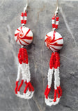 Red and White Peppermint Candy Lentil Style Bead Earrings with Red and White Seed Bead Loop Dangles