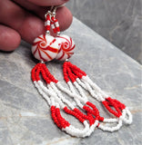 Red and White Peppermint Candy Lentil Style Bead Earrings with Red and White Seed Bead Loop Dangles