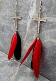 Crystal Encrusted Large Cross Earrings with Red and Black Long Feather Dangles