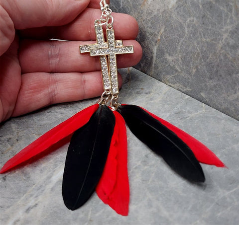 Crystal Encrusted Large Cross Earrings with Red and Black Long Feather Dangles