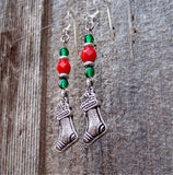 Red and Green Glass Bead Earrings with Christmas Stocking Charm Dangles