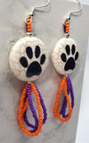 Reconstituted Quartzite Paw Print Bead Earrings with Orange and Purple Seed Bead Dangles - Clemson Tiger Colors