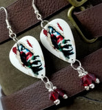 Terrifying Evil Clown Ripping Through Wall Guitar Pick Earrings with Red Swarovski Crystal Dangles