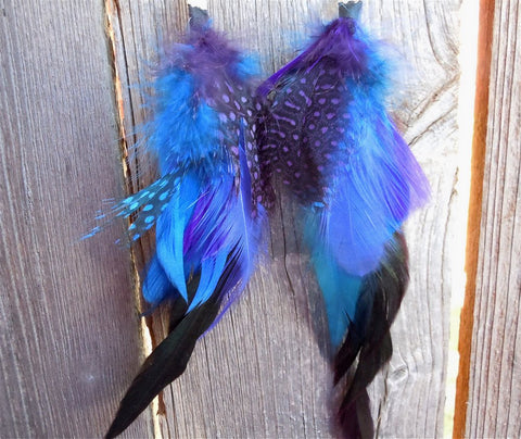 Purple, Blue and Black Long Feather Earrings