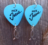 Pick Jesus Guitar Pick Earrings with Christian Fish Charms - Pick Your Color