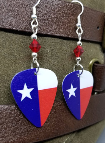 Texas State Flag Guitar Pick Earrings with Red Swarovski Crystals