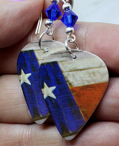 Rustic Texas State Flag Guitar Pick Earrings with Blue Swarovski Crystals