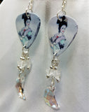 Geisha Guitar Pick Earrings with Clear Frosted Glass Bead and Large Crystal Moon Dangles